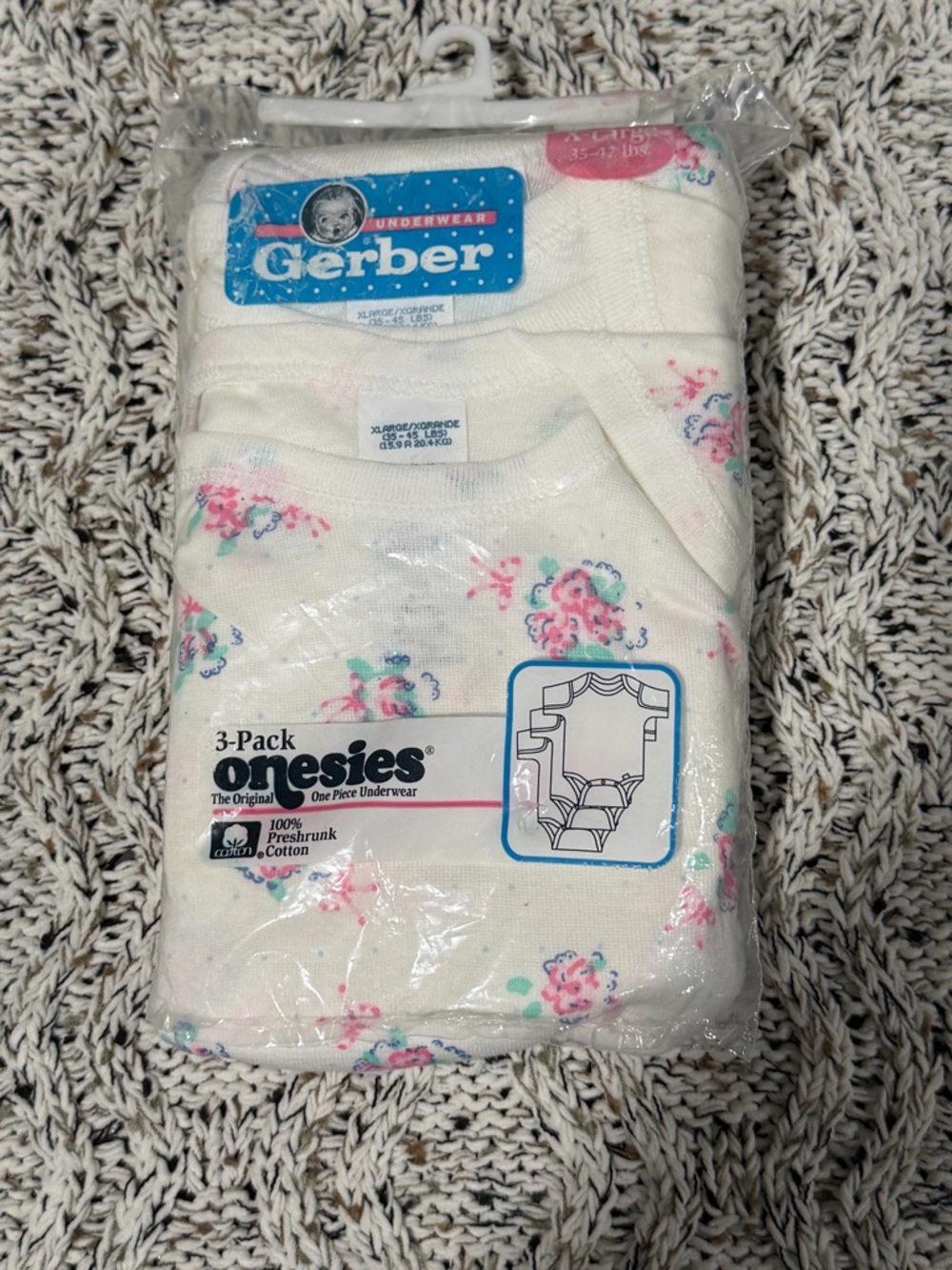 NEW Vintage 1994 3 Pack Pink Floral GERBER ONESIES BABY GIRL XL 100% Cotton USA